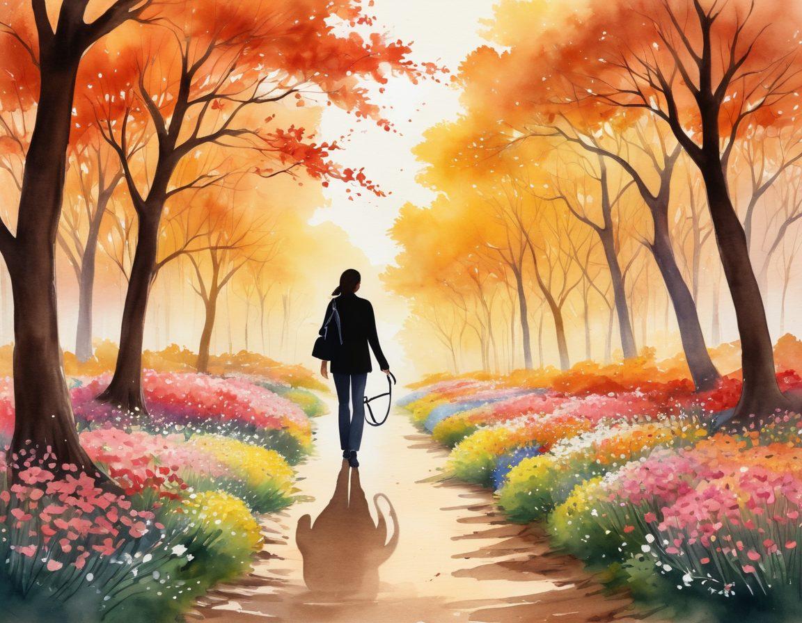 A serene pathway symbolizing a journey, lined with blooming flowers representing hope and resilience. A silhouette of a caregiver helping a cancer survivor walk hand in hand, showcasing support and companionship. Soft sunlight filtering through trees, creating an uplifting atmosphere. Include subtle symbols of health, like a heart and a stethoscope, integrated into the scenery. watercolor painting. warm colors. uplifting vibe.