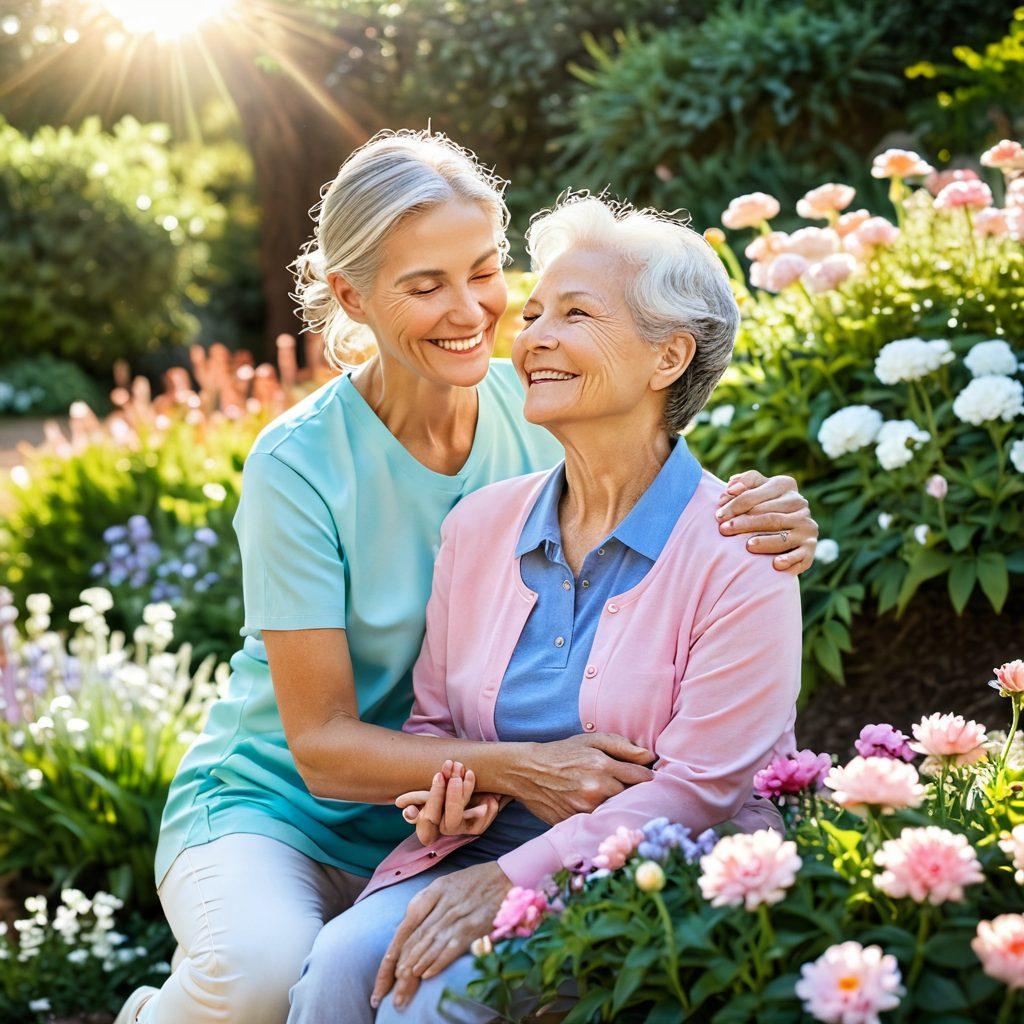 A warm and inspiring scene showcasing a caregiver and a cancer survivor in a sunlit garden, sharing a joyful moment, surrounded by blooming flowers symbolizing hope and growth. The caregiver is offering a supportive hand while the survivor is smiling, radiating resilience. A beautiful, uplifting atmosphere with soft pastel colors emphasizing comfort and encouragement. super-realistic. vibrant colors. soft focus.