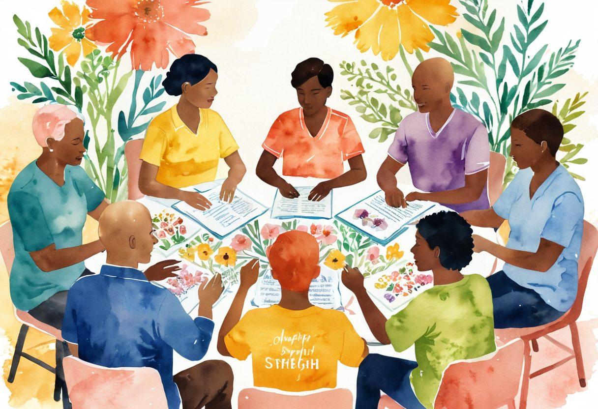 A compassionate illustration of a diverse group of cancer survivors and advocates, gathered in a supportive circle. They interact with uplifting resources like informational pamphlets and laptops displaying online support groups. A serene hospital backdrop with soft, warm colors conveys hope and healing. Incorporate symbols of strength like blooming flowers and intertwined hands. watercolor style. vibrant colors.